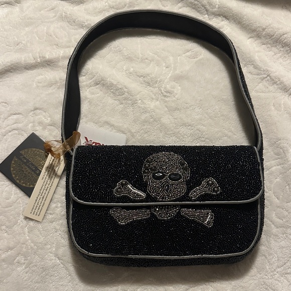 Made in India Handbags - Viral Black Beaded Skull and Crossbones Shoulder Bag